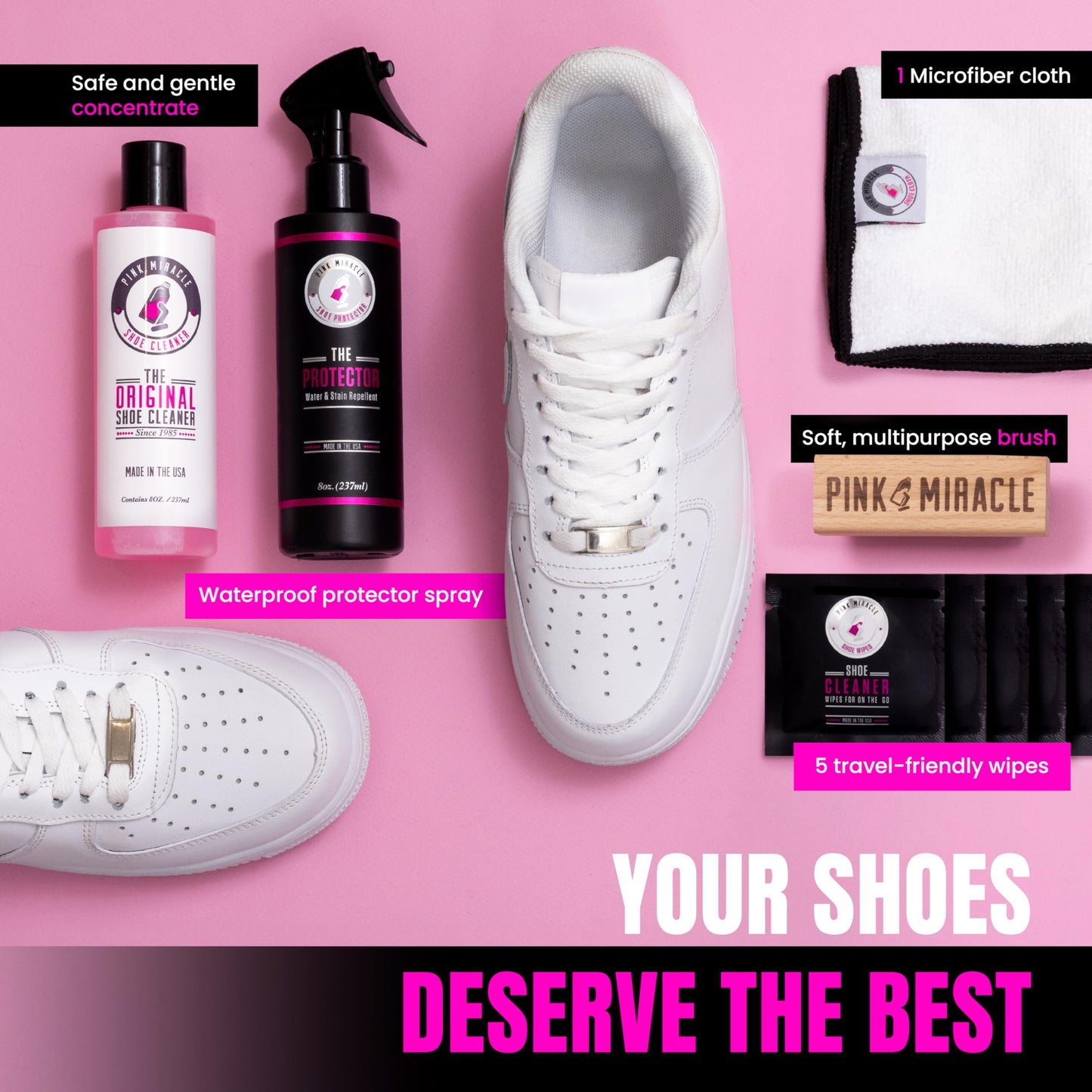 Pink Miracle Shoe Care Kit - Includes 8 oz. Shoe Cleaner and Brush, The Protector Sneaker Repellent Spray, Shoe Cleaning Wipes (5), and a Microfiber Towel