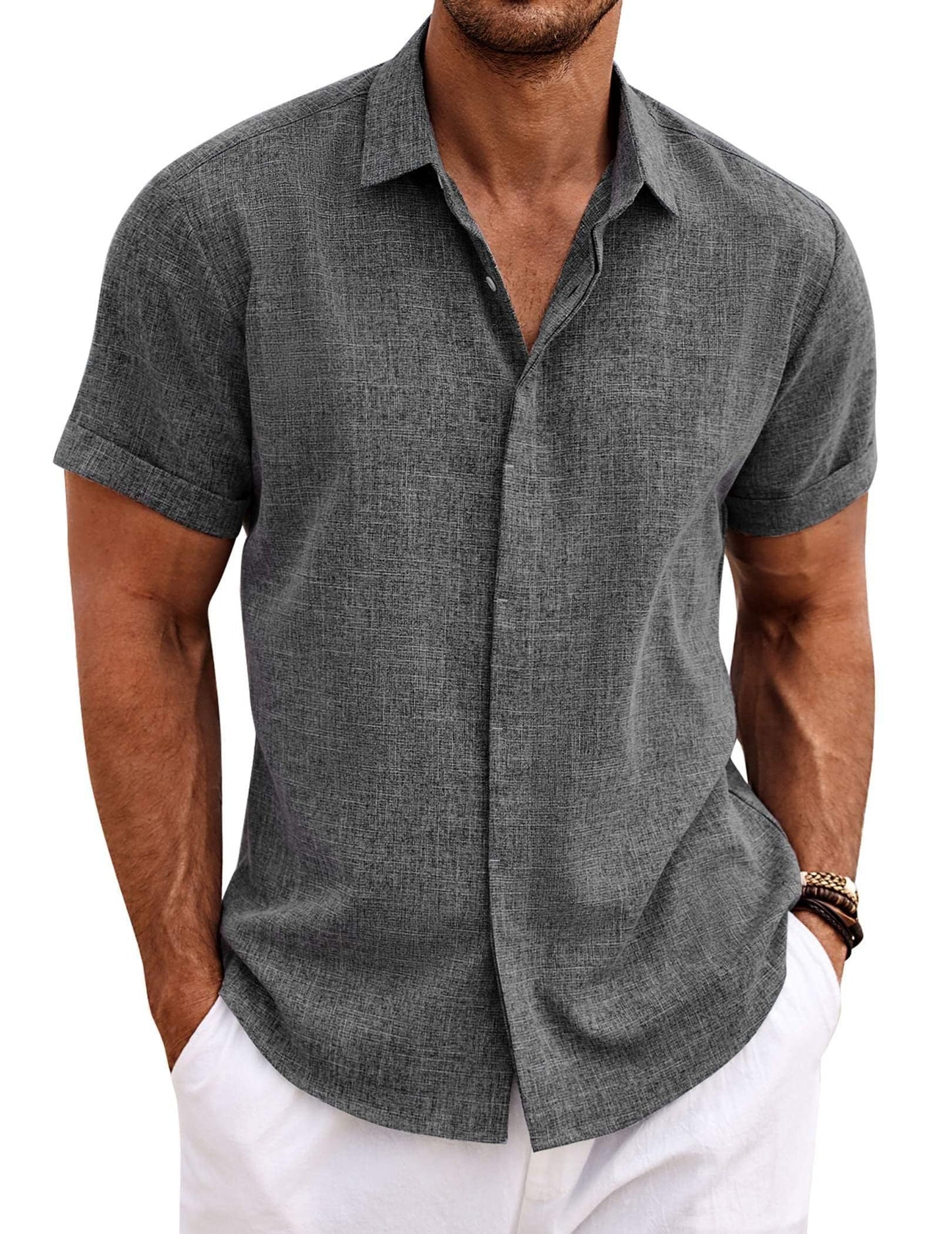 COOFANDY Men's Linen Wedding Shirts - Short Sleeve, Button Up, Casual, Relaxed-Fit Dark Grey