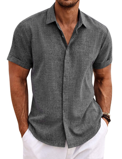 COOFANDY Men's Linen Wedding Shirts - Short Sleeve, Button Up, Casual, Relaxed-Fit Dark Grey