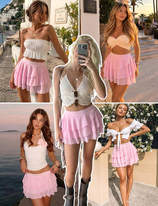 Sissy  Ruffle Mini Skirt with Shorts Pink Flowy Mesh A-Line