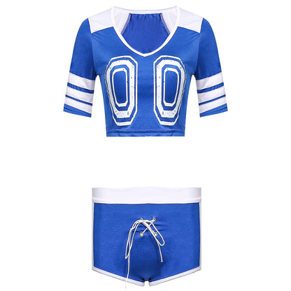 Women's Soccer Player Cheerleader Costume Short Sleeve Shirt Set Cheerleading Uniform for Party Cosplay Halloween,Blue