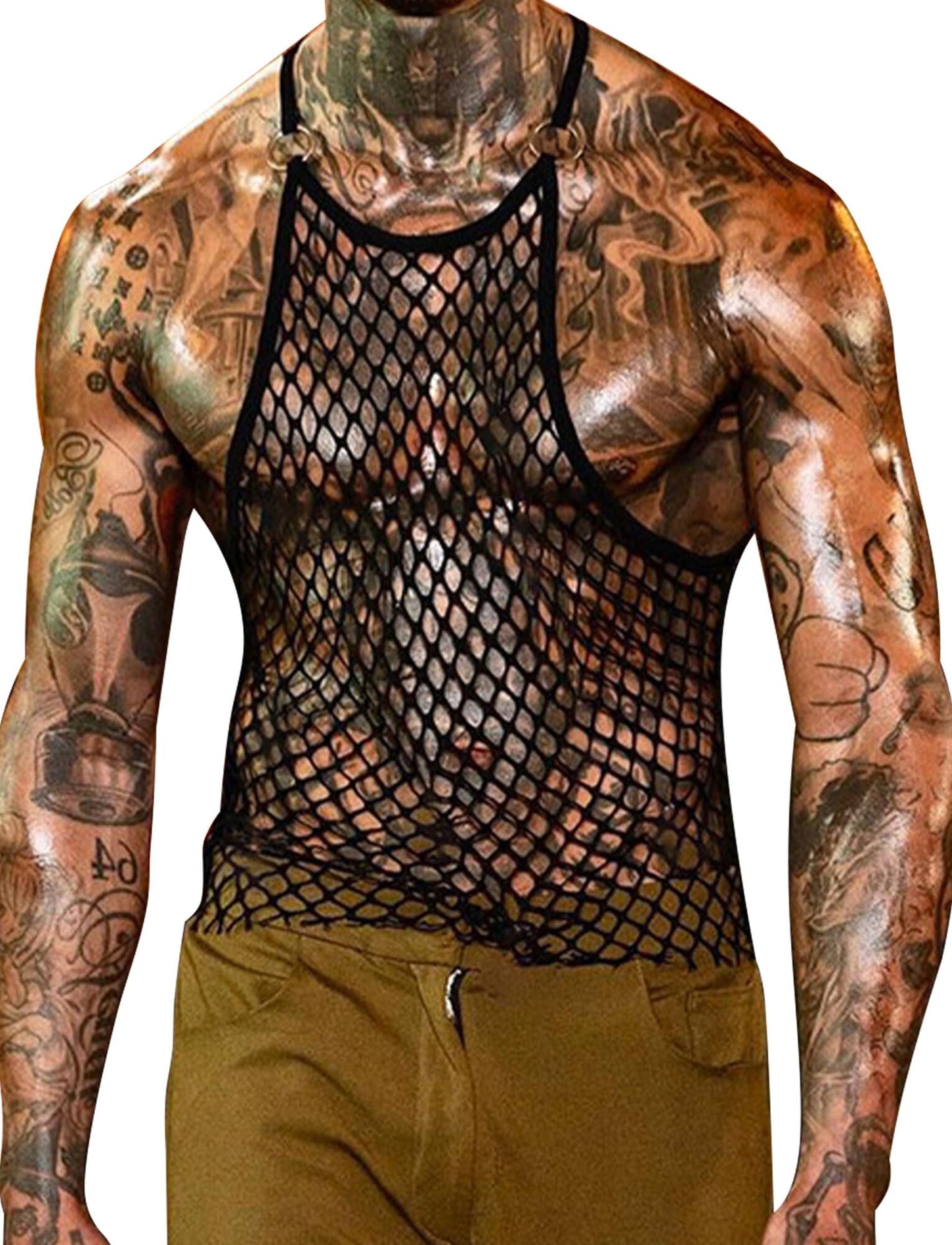 Men's See Through Fishnet Tank Top Sleeveless Racerback Mesh Top Crochet Casual Loose Muscle Shirt Spaghetti Strap Halter Top for Summer 2023 H Black