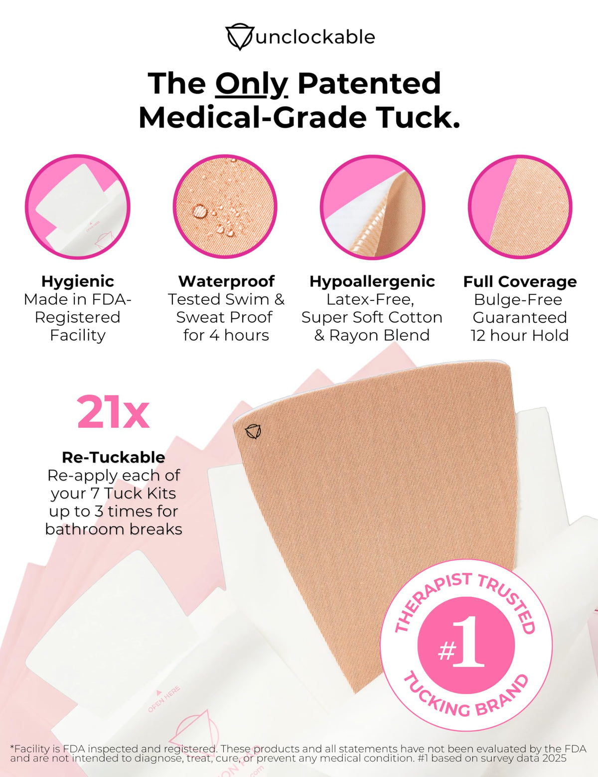 Unclockable Tuck Kit® 2 | All-Day Safety | 7 Swim-Proof Tucks | Transgender, NB, Drag Queens, Crossdressing - Gaff Alternative Beige