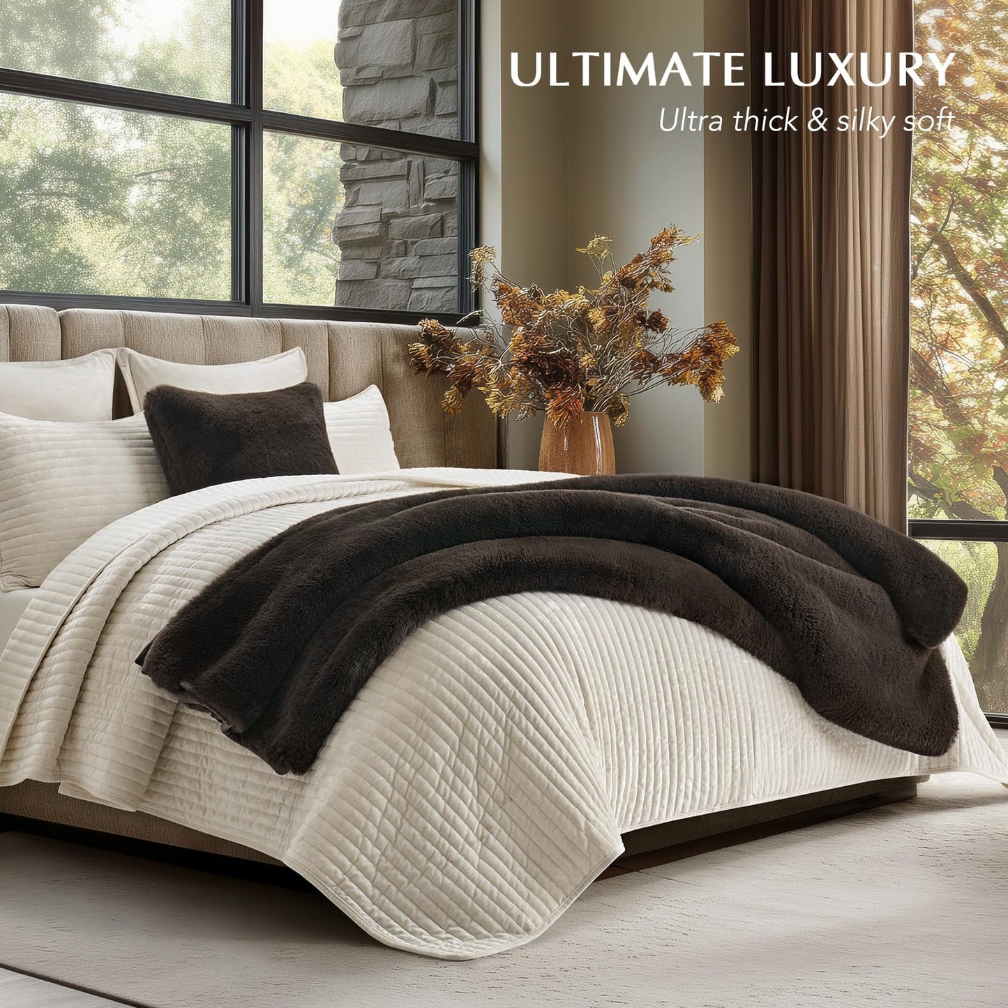 EVERGRACEHOME Luxury Soft Faux Chinchilla Fur Throw Blanket for Couch, Warm Thick Heavy Winter Throw Blanket 1220GSM for Bed, Fluffy Cozy Mink Blanket with Reversible Velvet, Espresso Mink, 60"x80"