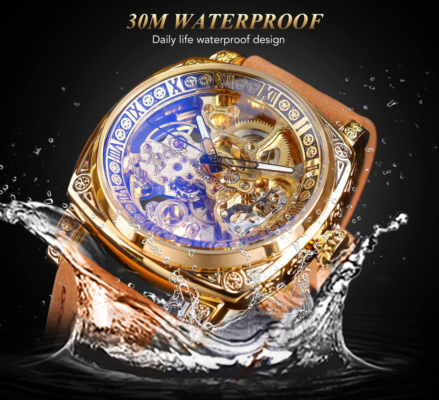 FORSINING Watches for Man, Square Retro Mechanical Watch Self-Wind Carved, Skeleton Automatic Watches Vintage Leather Strap Wristwatch