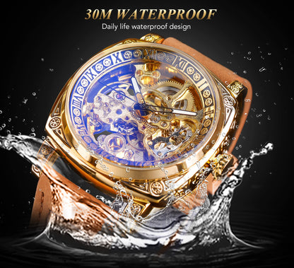 FORSINING Watches for Man, Square Retro Mechanical Watch Self-Wind Carved, Skeleton Automatic Watches Vintage Leather Strap Wristwatch