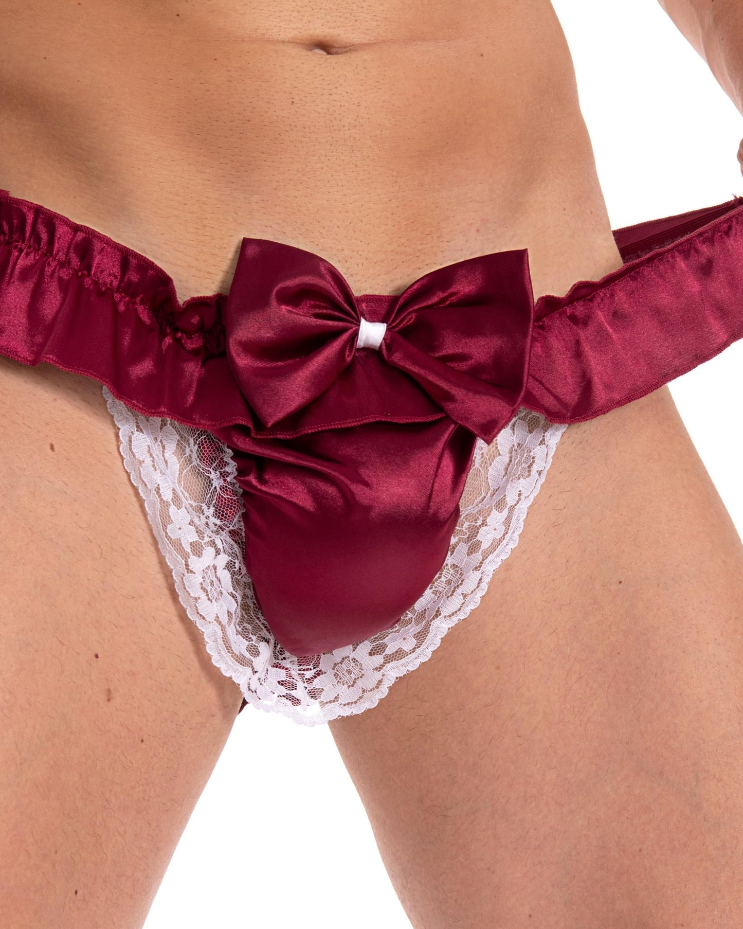 Satini Men's Satin Ruffle Bow Thong Sissy Knickers Briefs Jockstrap Panties (Wine Red, S)