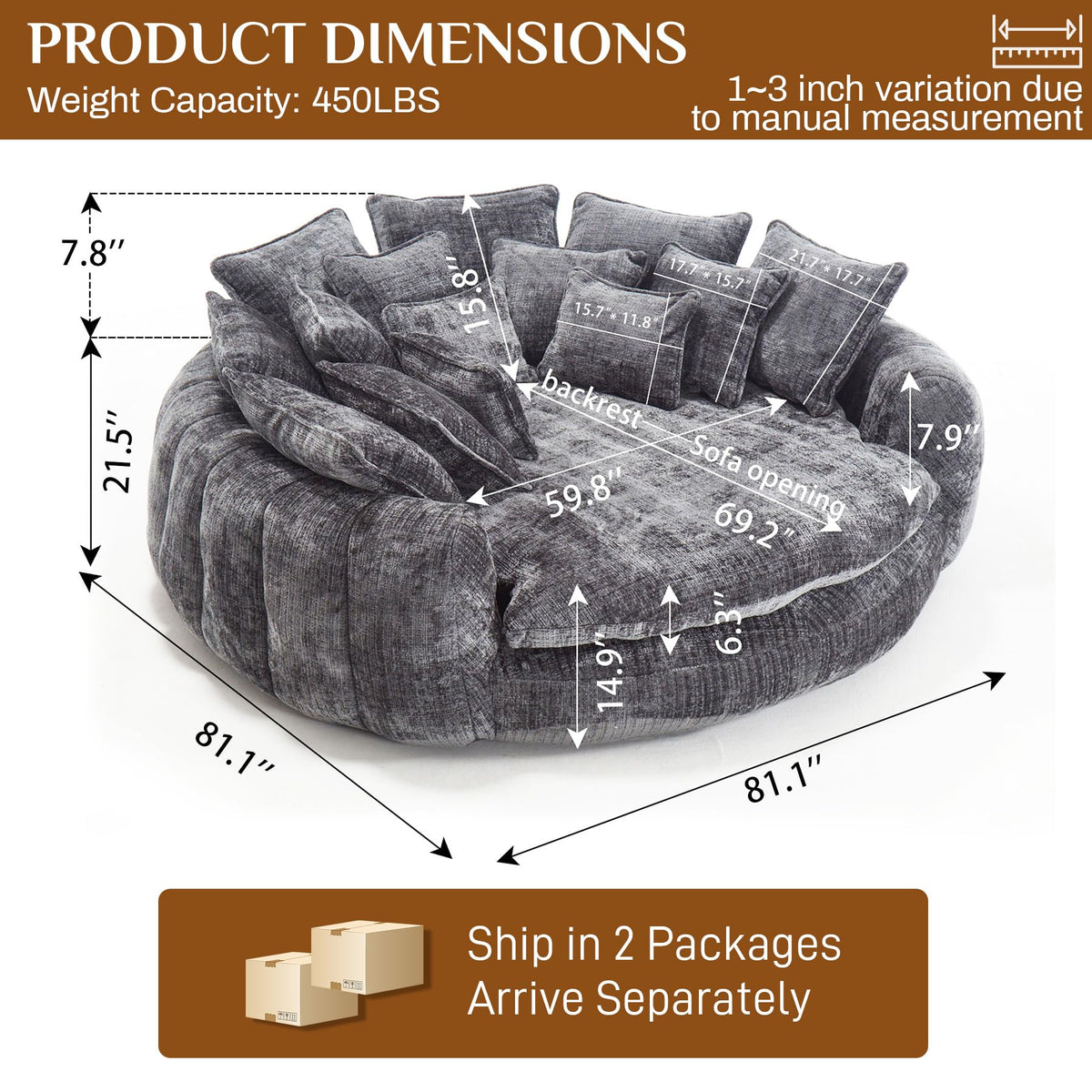BEQAI 81" Round Sofa Bed, Oversized Chenille Bean Bag Couch, Dark Gray