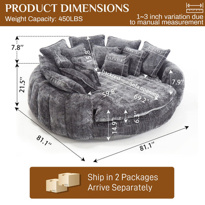 BEQAI 81" Round Sofa Bed, Oversized Chenille Bean Bag Couch, Dark Gray