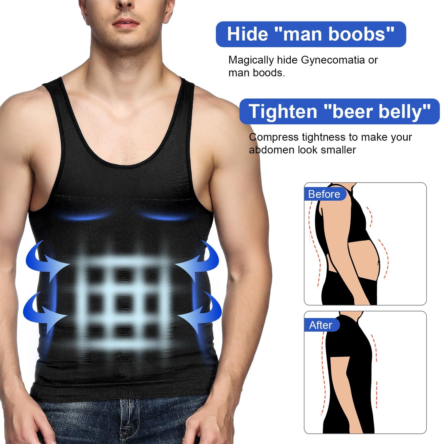 Odoland Mens 5 Pack Body Shaper Slimming Tummy Vest Thermal Compression Shirt Tank Top Shapewear, Black*5, L