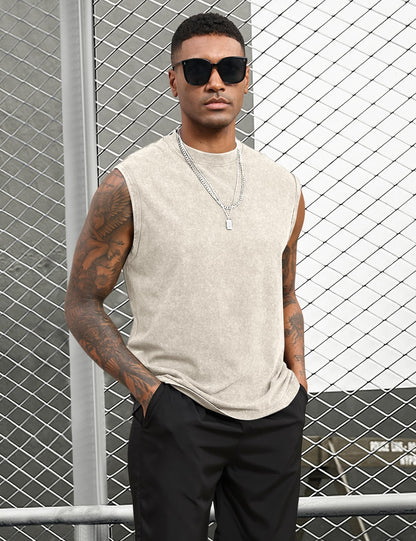 Yimoon Sleeveless Shirts for Men Workout Tank Tops Cotton Acid Wash Muscle Shirts Baggy Gym Tees(BlackKhakiBeigeArmy-XL)