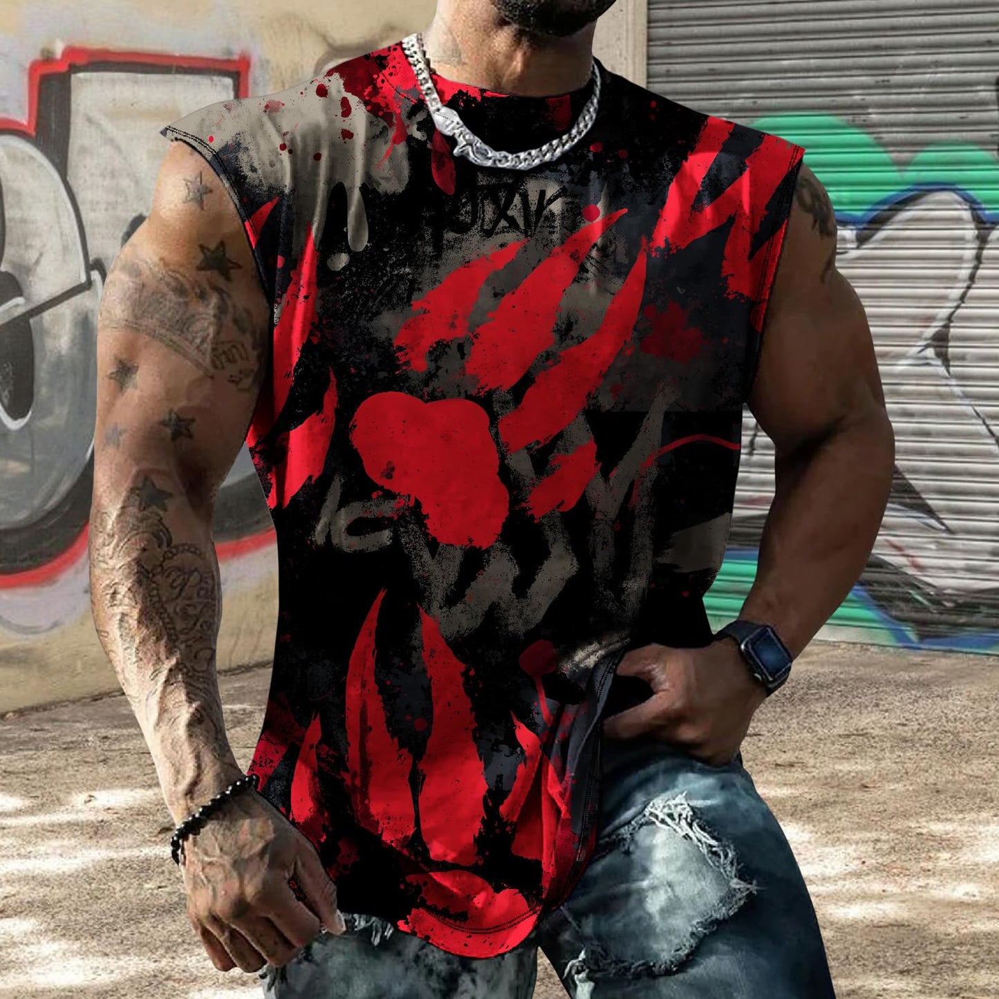 Mens Sleeveless Skull Print Muscle Shirt Cotton Blend Hip Hop Workout Top Colorful Graffiti Streetwear Punk Floral Summer Graphic Shirt