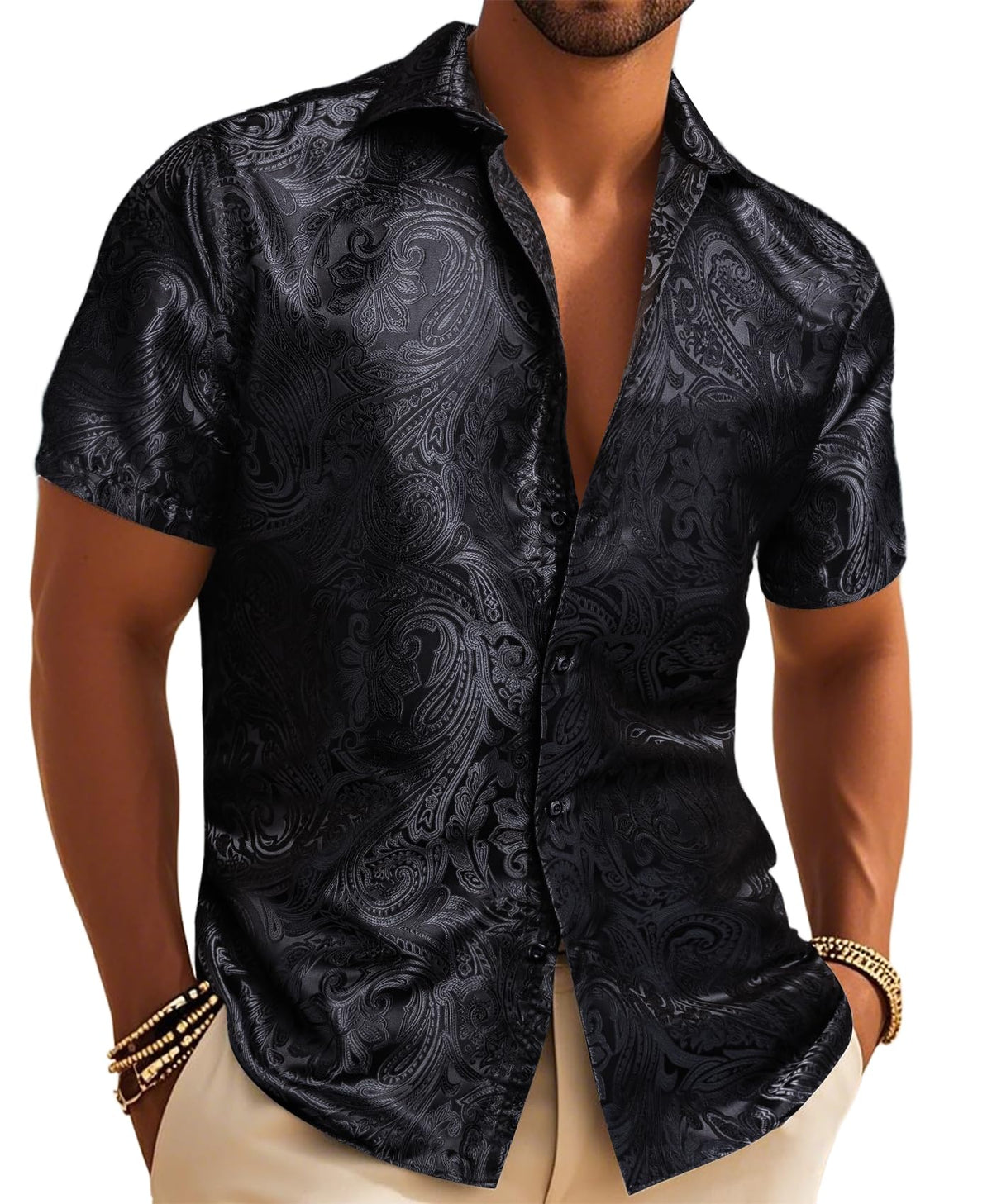Men’s Paisley Short Sleeve Shirt Luxury Western Jacquard Party