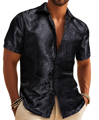 Men’s Paisley Short Sleeve Shirt Luxury Western Jacquard Party