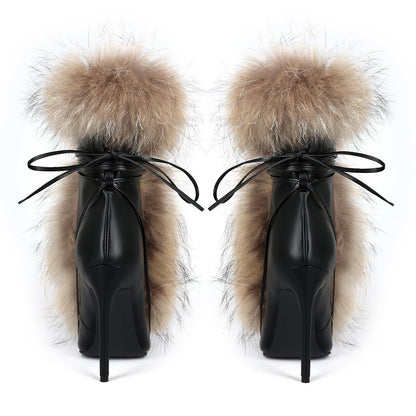 Maiosfy Furry Pointed Stiletto Heels with Straps Large Size Ankle Boots Heavy-Duty Soft Faux Fur Shoes Clubwear for Party Evening Footwear Unisex