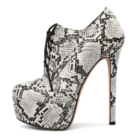 SAMMITOP Platform Ankle Boots for Women Sexy Stiletto Heels Sky High Heel Pump Lace up Zipper Round Toe Fashion Dress Shoes for Party Prom Event Snake Print US 9