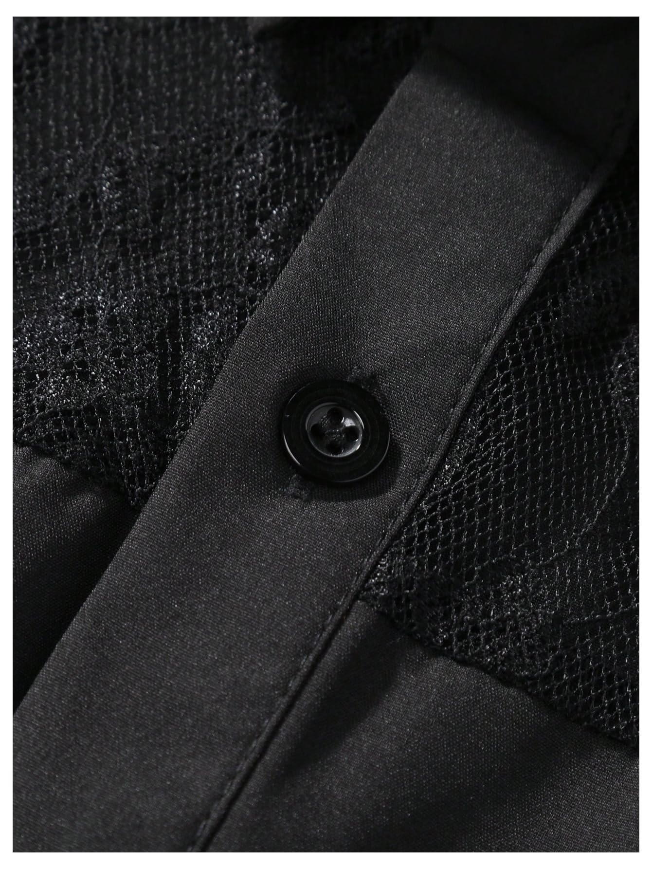 WDIRARA Men's Lace Mesh Button Down Shirts Short Sleeve Collared Party Shirt Summer Tops Black Small