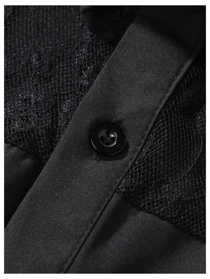 WDIRARA Men's Lace Mesh Button Down Shirts Short Sleeve Collared Party Shirt Summer Tops Black Small