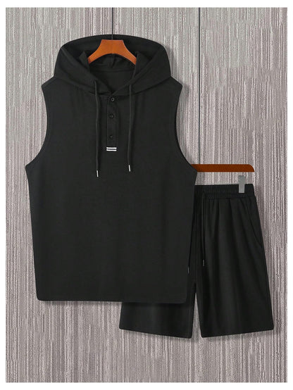 OYOANGLE Men's Sleeveless Workout Hoodie and Shorts Set 2 Piece Outfits Hooded Tank Tops Gym Tracksuit Sweatsuits Black Medium