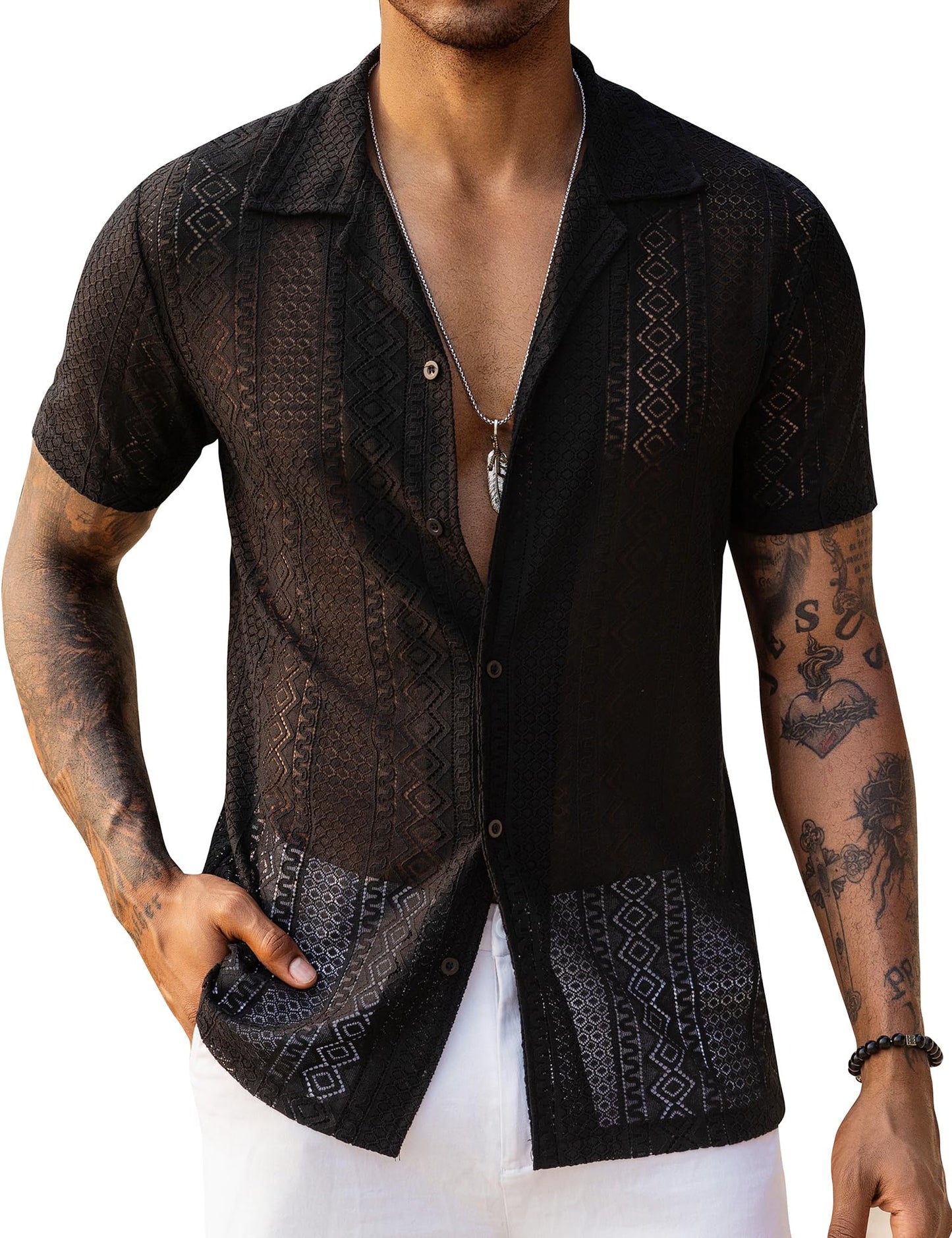 URRU Mens Floral Lace Shirt Short Sleeve Hollow Out Sheer See Through Casual Button Down Shirts Black Wave S