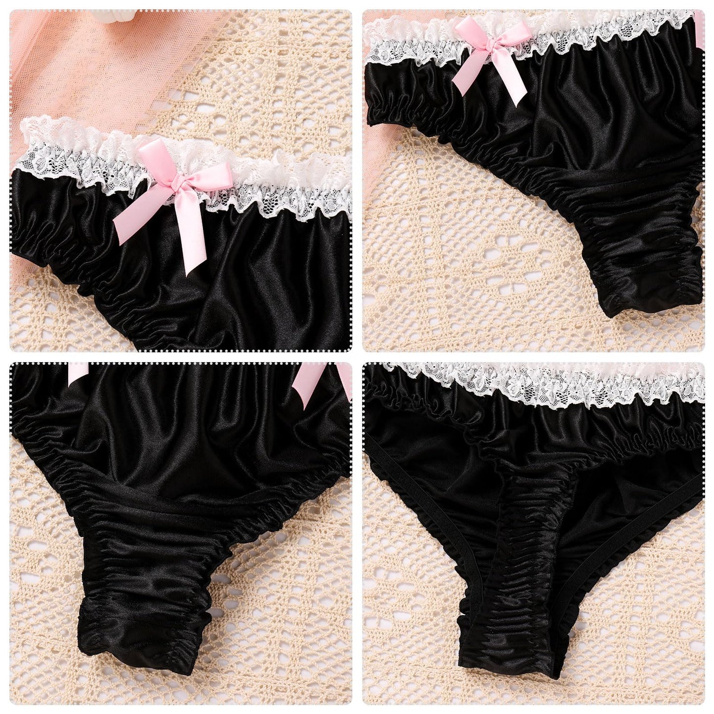 Men's Satin Frilly Lace Trim Sissy Bowknot Thong Panties Elastic Waist G-string Briefs Underwear Black X-Large