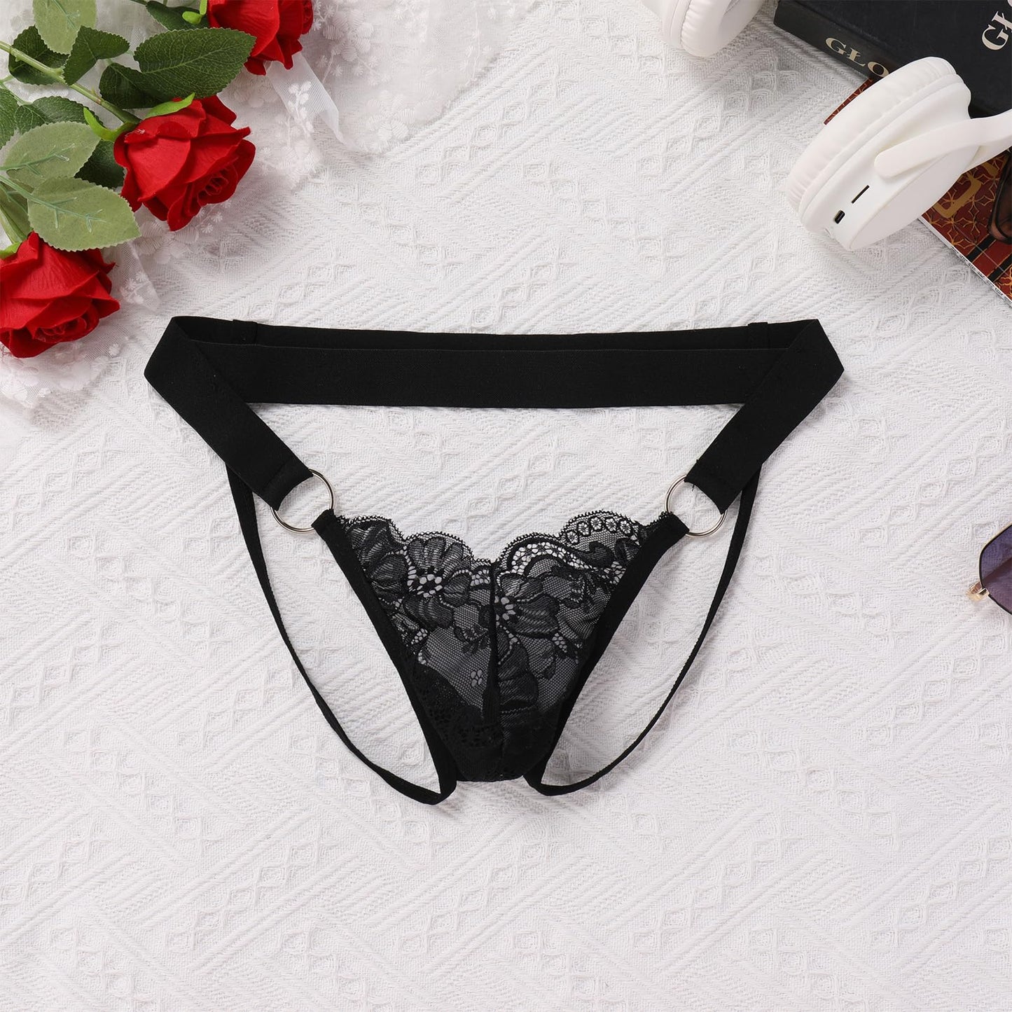 ABAFIP Men's Lace Thong Underwear Low Waist Sissy Pouch G-String Panties Crossdressing Lingerie Black Large