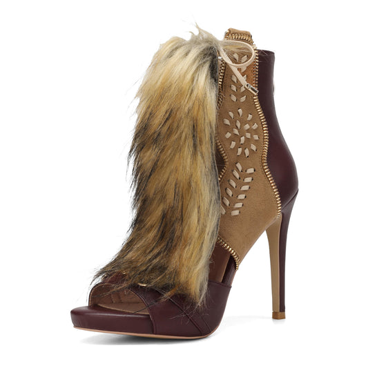 Tracieshoes Women’s Faux Fox Fur Trim High Heel Ankle Boot Sandals Cutout Leather Lace Detail Peep Toe Zip Back 4 Inch Stiletto Heels Party Fashion Shoes Brown Size 7
