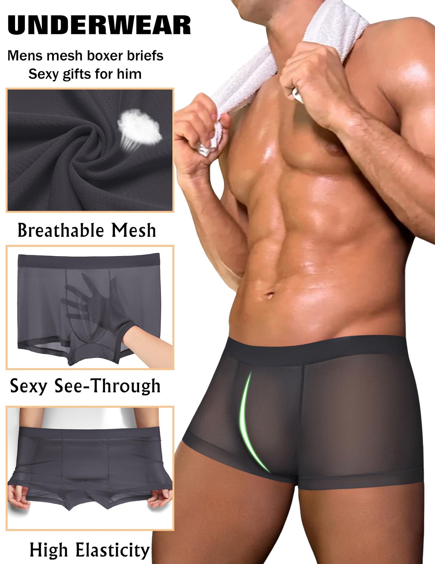 Avidlove Mens Underwear Trunk Breathable Mesh Boxer Briefs Sexy Lingerie Boxer Shorts for Men Grey XL