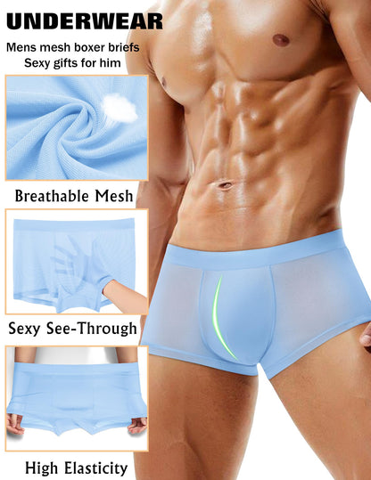Mens Underwear Trunk Breathable Mesh Boxer Briefs Sexy Lingerie Boxer Shorts for Men Blue XXL
