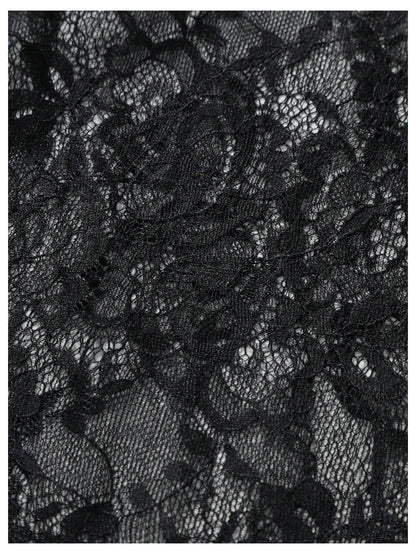 WDIRARA Men's Sexy Lace Button Down Shirts See Through Long Sleeve Collared Tops Party Clubwear Black X-Large