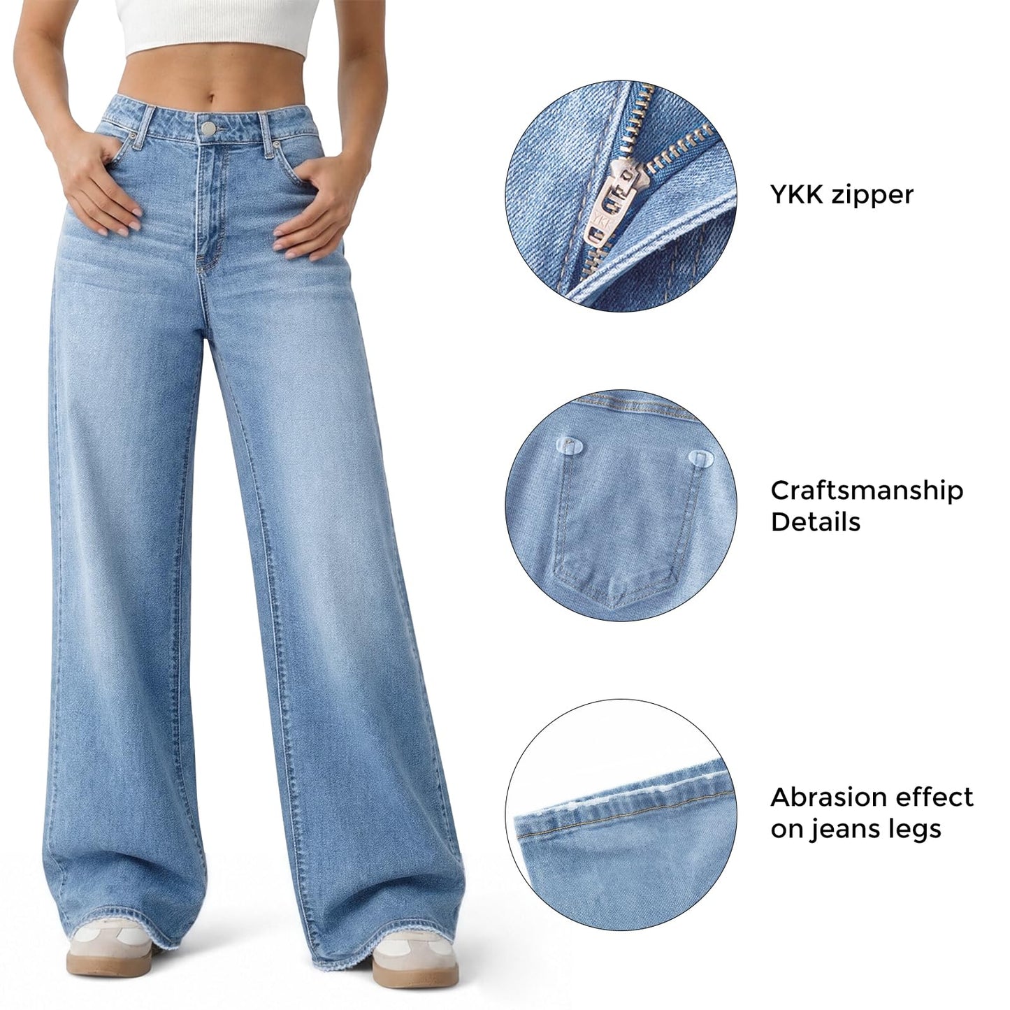 Mars power Women's High Waist Wide Leg Jeans, Loose Baggy Denim Pants with Distressed Pockets & Raw Hem, Streetwear Casual Oversized Pants (Light Blue, M)