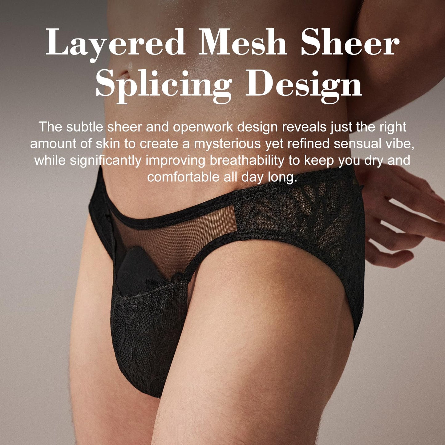 BSZN Men's Sexy Briefs, Black Mesh Lace Neutral Plant Vein Low Rise Ruched Back Sheer Semi Transparent Sexy Lingerie from L-Lace Imprint Collection