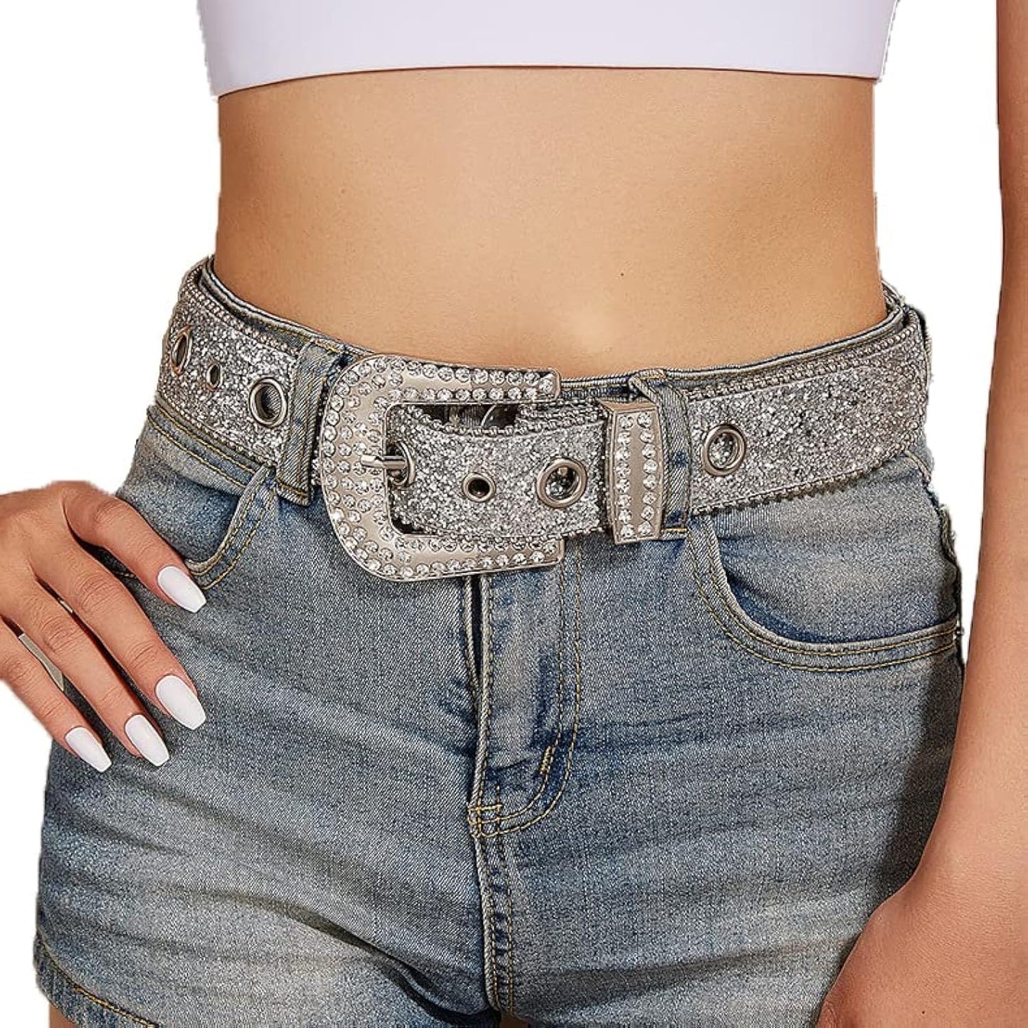 NociHah Silver Rhinestone-Belt Western-Cowgirl-Cowboy-Belts Vintage Bling Crystal Diamond Studded-Leather-Belt for Jean Pants (Silver)