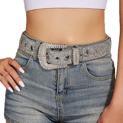 NociHah Silver Rhinestone-Belt Western-Cowgirl-Cowboy-Belts Vintage Bling Crystal Diamond Studded-Leather-Belt for Jean Pants (Silver)
