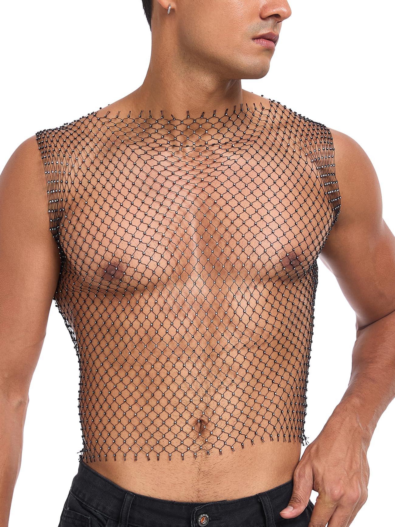 CYCLAMEN Rhinestone Mens Tank Tops Fishnet Sparkly Diamond Sleeveless Shirt See Through Festival Sexy Outfits Rave Party, Black, One Size