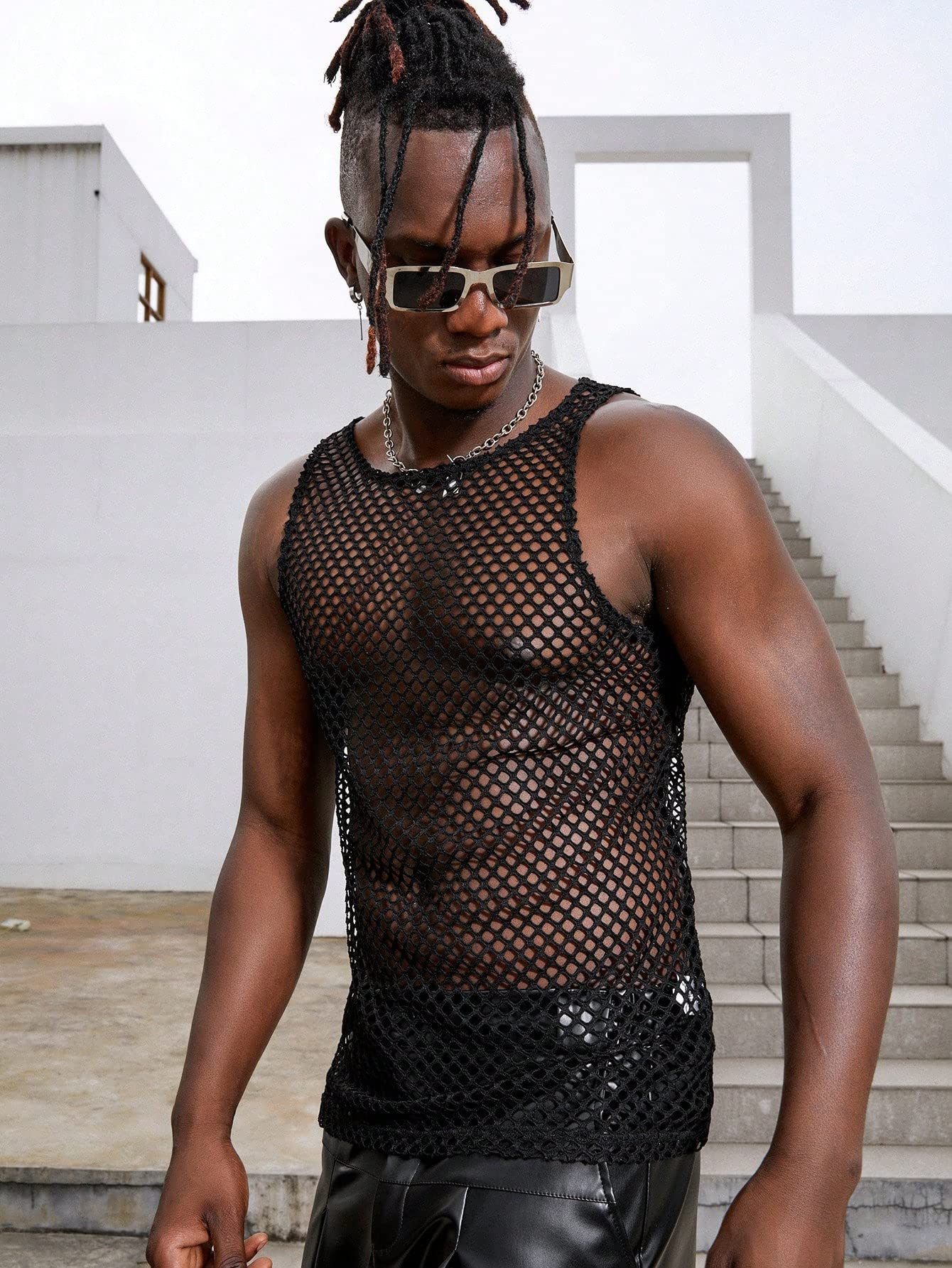 Milumia Men's Sheer Mesh Crewneck Tank Top Sleeveless Tee Shirt Muscle Shirts Clubwear Fishnet Black X-Large