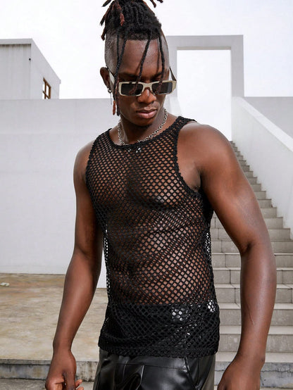 Milumia Men's Sheer Mesh Crewneck Tank Top Sleeveless Tee Shirt Muscle Shirts Clubwear Fishnet Black X-Large