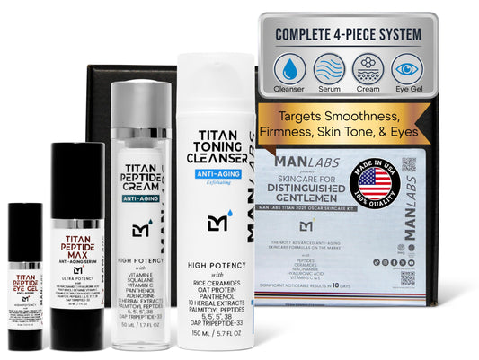 Man Labs Titan Peptide 4-Piece Anti-Aging Mens Skin Care Kit –Mens Face Serum, Eye Cream, Men Face Moisturizer, Wash –Skin Care Men –Dark Circles, Wrinkles, Spots –Vitamin C, Niacinamide, HA Unscented