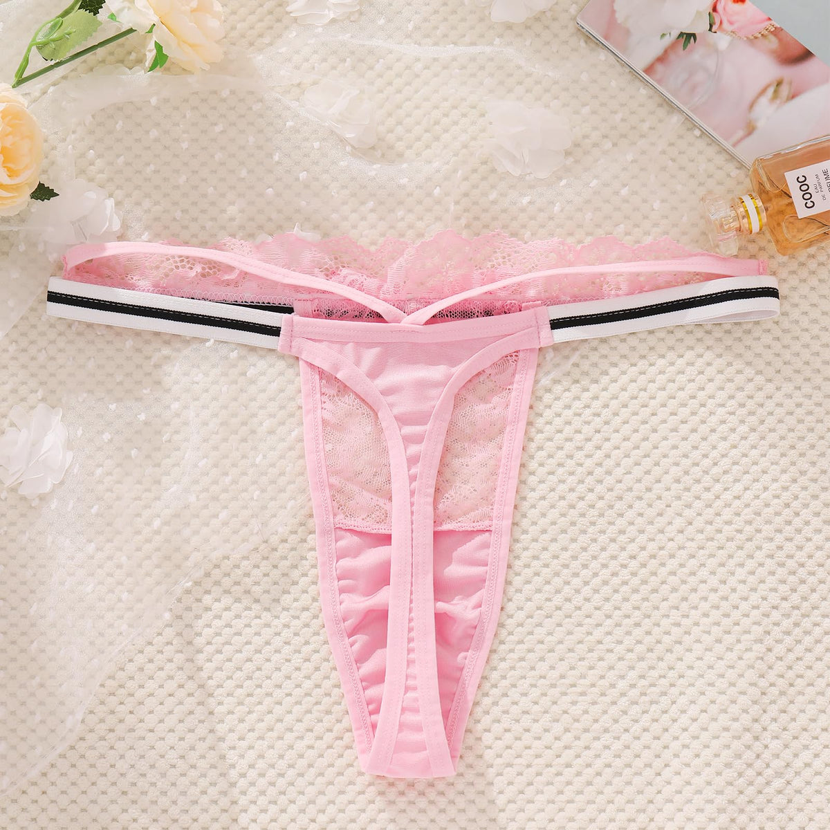Men's Lace Thong, Sheer Pouch Strappy T-Back, Crossdressing Lingerie ABAFIP