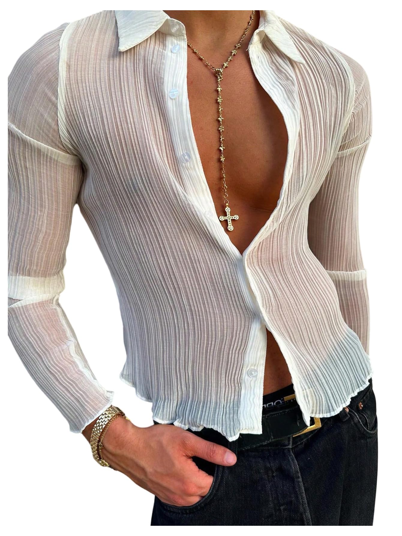 OYOANGLE Men's Mesh Sheer Button Down Shirts Long Sleeve Fitted Party Club Shirt Top White Medium