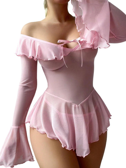Neohouny Women's Exotic Lingerie Sets Babydoll Lingerie Set Mesh Long Sleeve Tops Music Festival Bridal Outfits Pink S