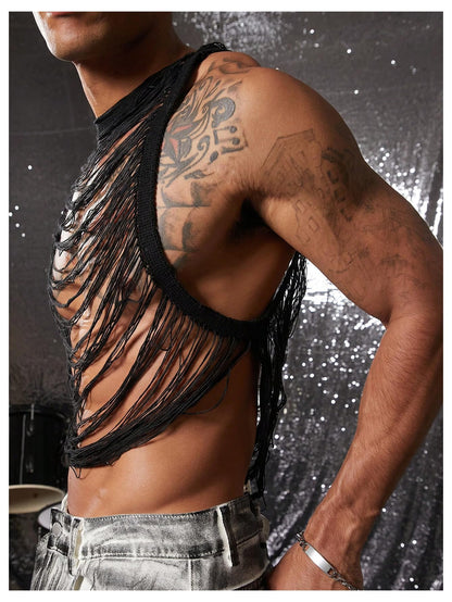 OYOANGLE Men's Hollow Out Ripped Sweater Vest Sleeveless See Through Crop Tank Tops Party Clubwear Black Small