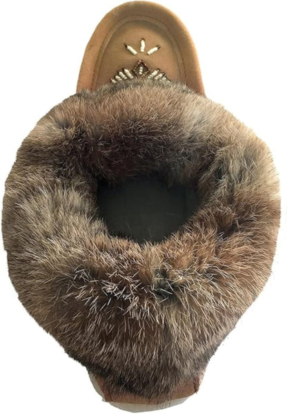 Laurentian Chief Women's Suede Slippers with Rabbit Fur Collar Moccasins