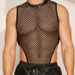 WDIRARA Men's Fishnet Mesh Mock Neck Vest Top Sleeveless Sheer Party Tank Tops Bodysuit Black Medium