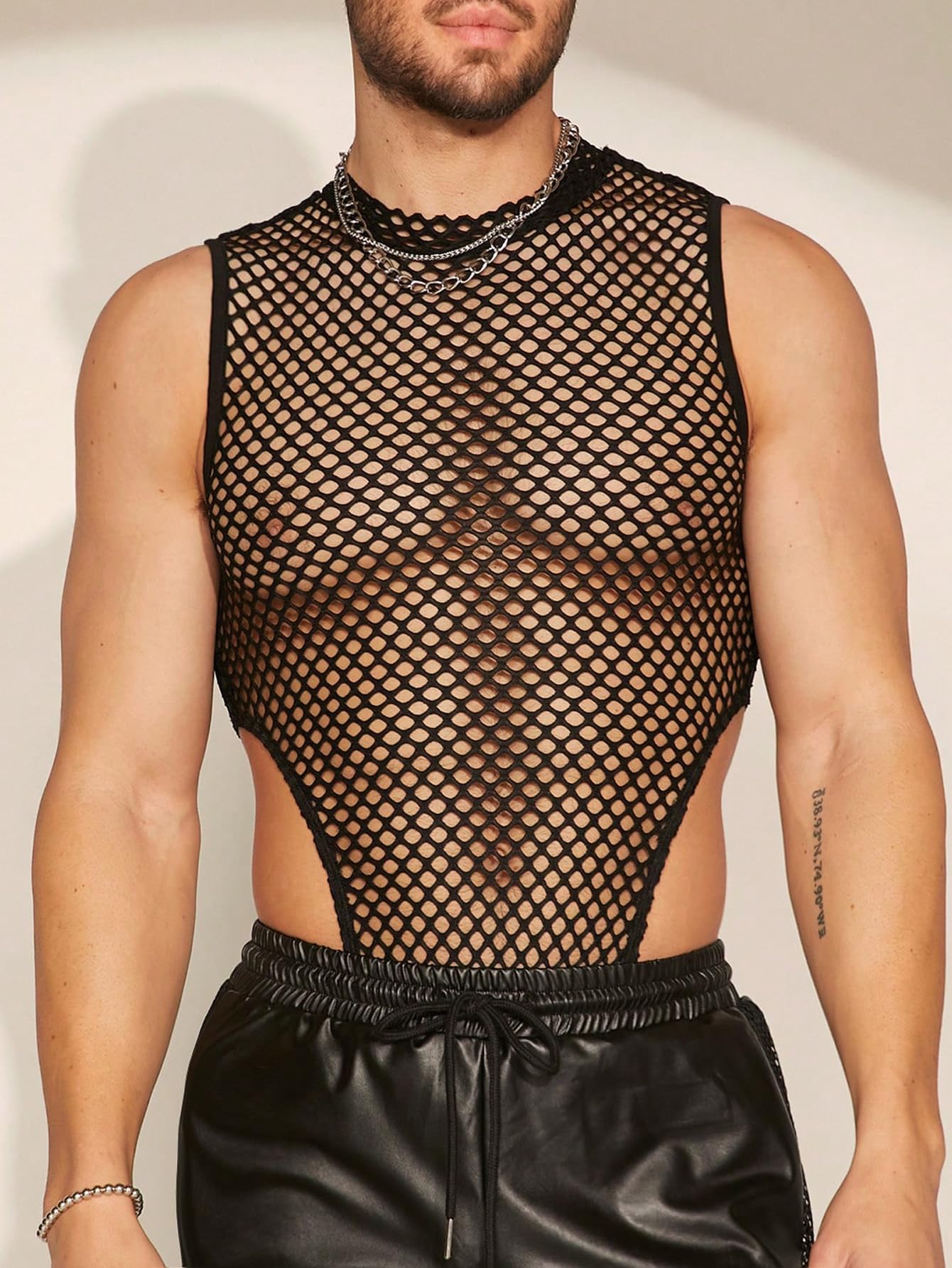 WDIRARA Men's Fishnet Mesh Mock Neck Vest Top Sleeveless Sheer Party Tank Tops Bodysuit Black Medium