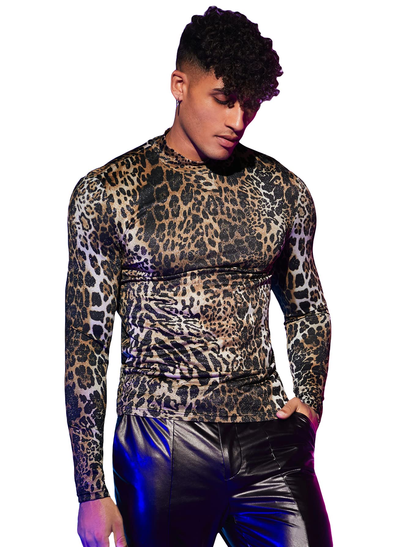 WDIRARA Men's Leopard Animal Print Mock Neck Long Sleeve Fitted Party Club Top Shirt Black and Brown L