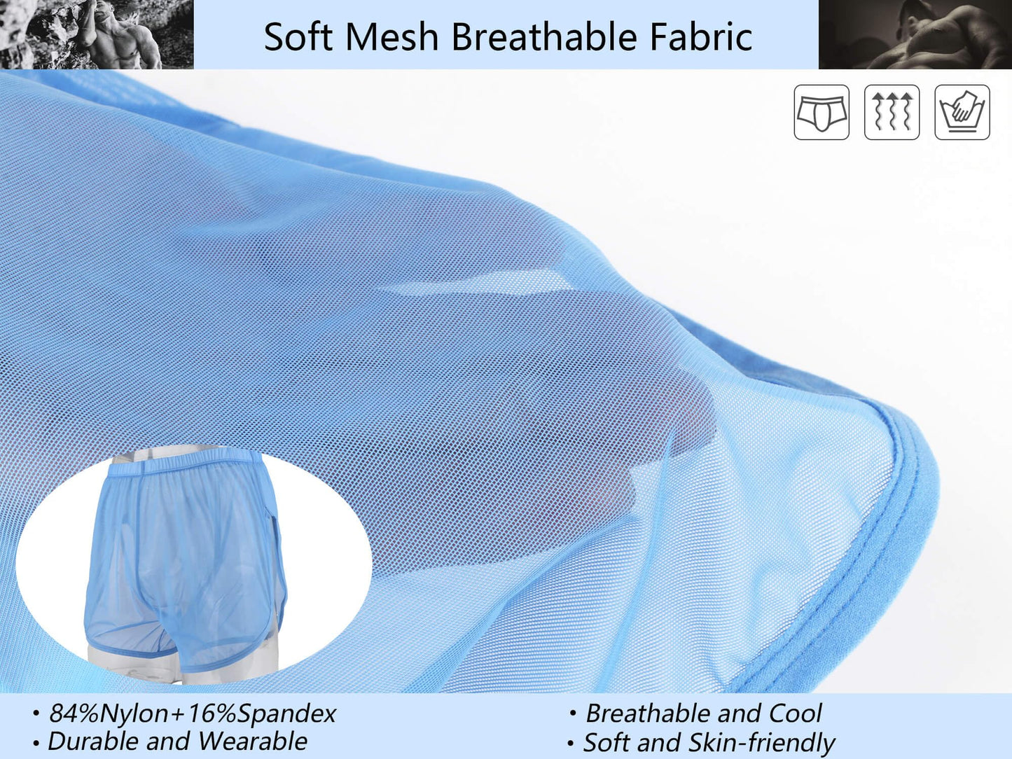 Mens See Through Boxers Ice Silk - Sheer Underwear- Sexy Mesh Transparent Shorts-  3 Pack