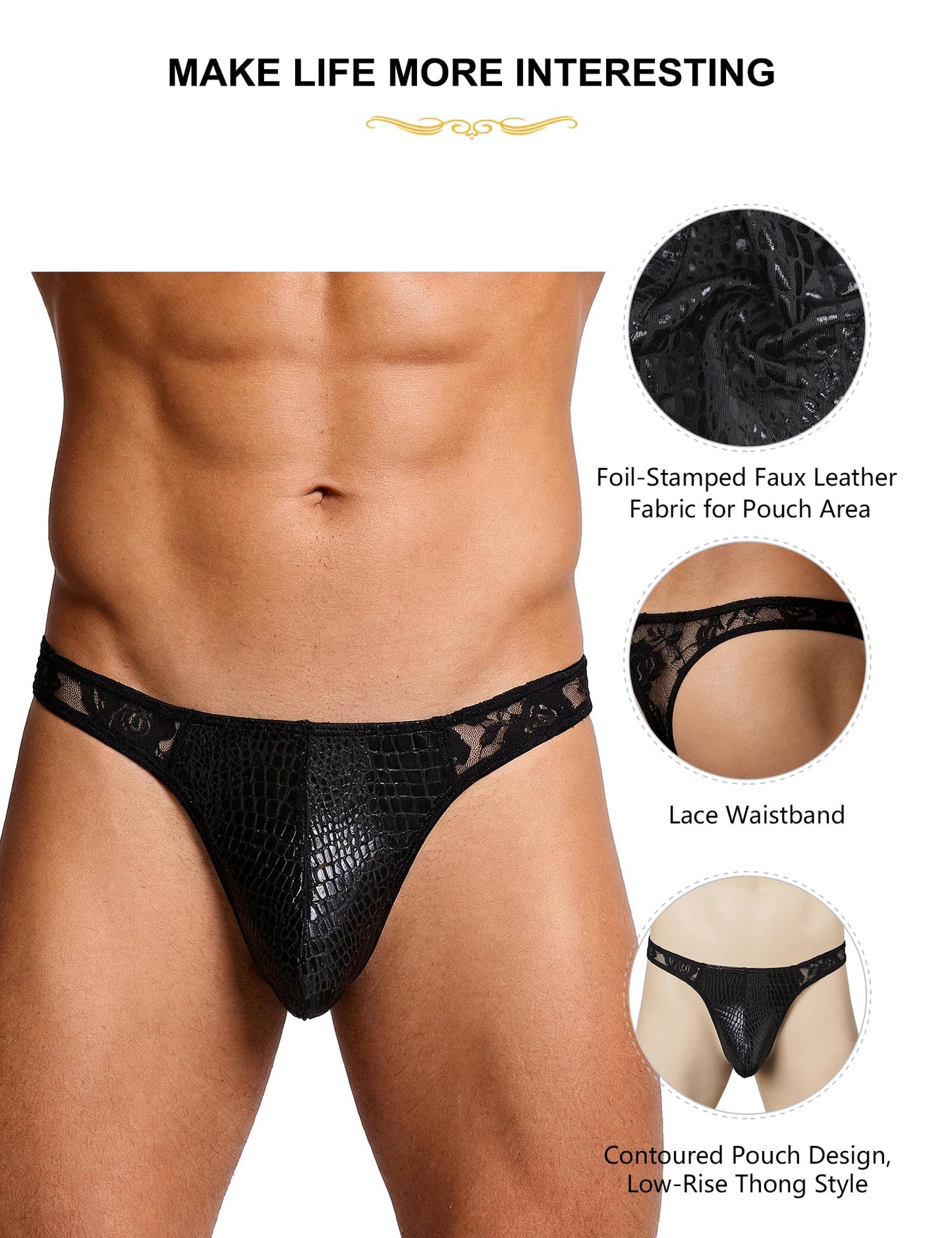 Men's G-String Thong Underwear Sexy Crocodile Print Pouch, Low Rise Lace Briefs Soft T-Back Lingerie Panties Black M