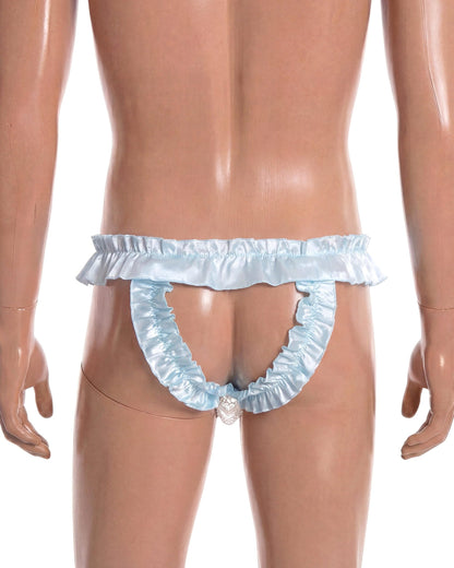 Satini Men's Satin Ruffle Bow Thong Sissy Knickers Briefs Jockstrap Panties (Baby Blue, XXL)