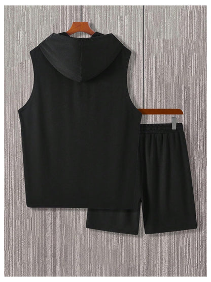 OYOANGLE Men's Sleeveless Workout Hoodie and Shorts Set 2 Piece Outfits Hooded Tank Tops Gym Tracksuit Sweatsuits Black Medium
